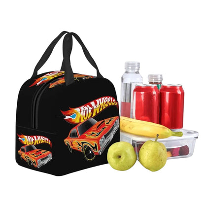 COMFORTHot Wheels black insulated lunch bag with flame car graphic and dual handles. Features Hot Wheels logo.