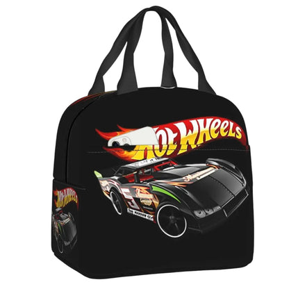 COMFORTHot Wheels insulated lunch bag with a black exterior featuring a flaming race car graphic and the Hot Wheels logo.