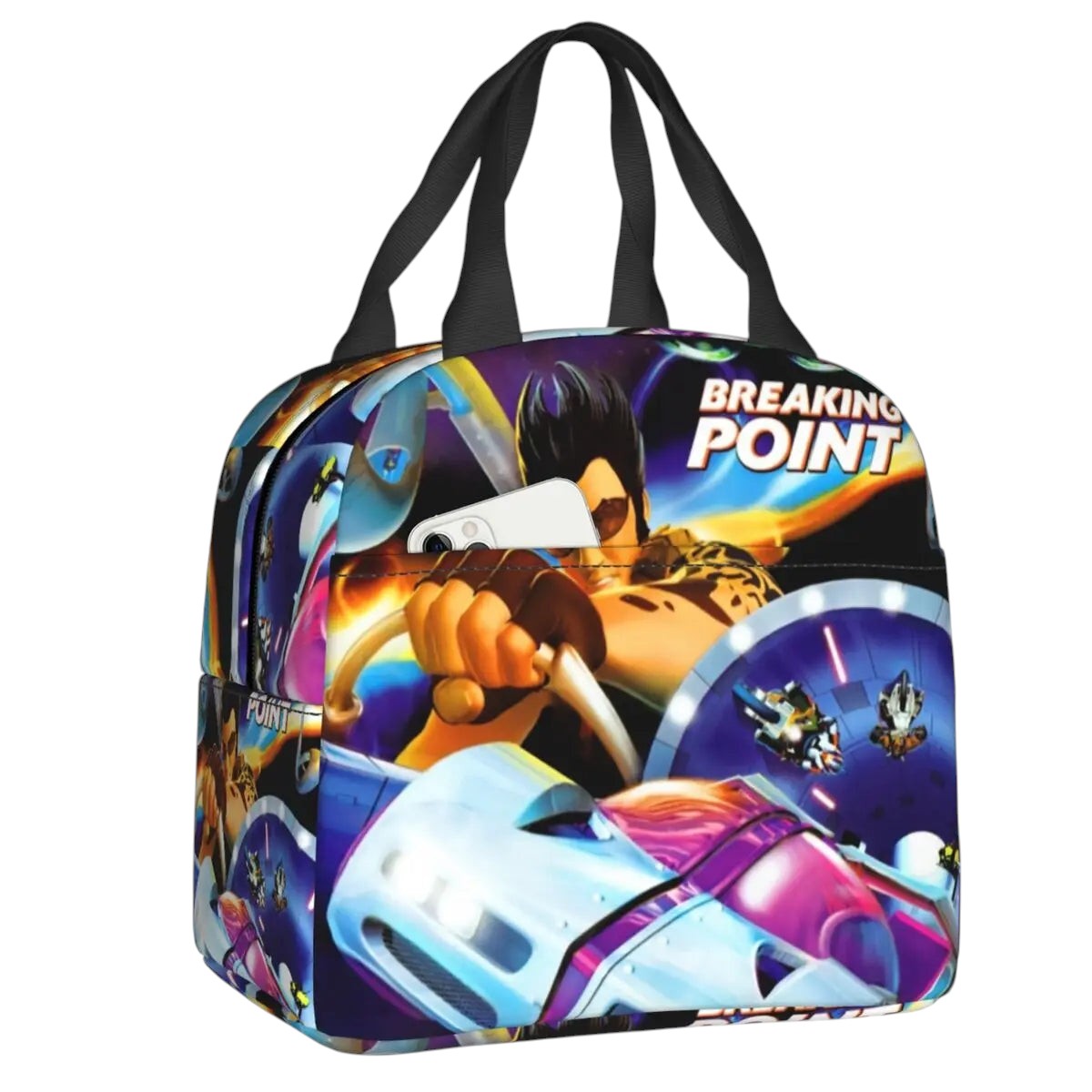 COMFORTHot Wheels insulated lunch bag with a "Breaking Point" graphic featuring a man driving a futuristic car. Black handles and zippered closure.