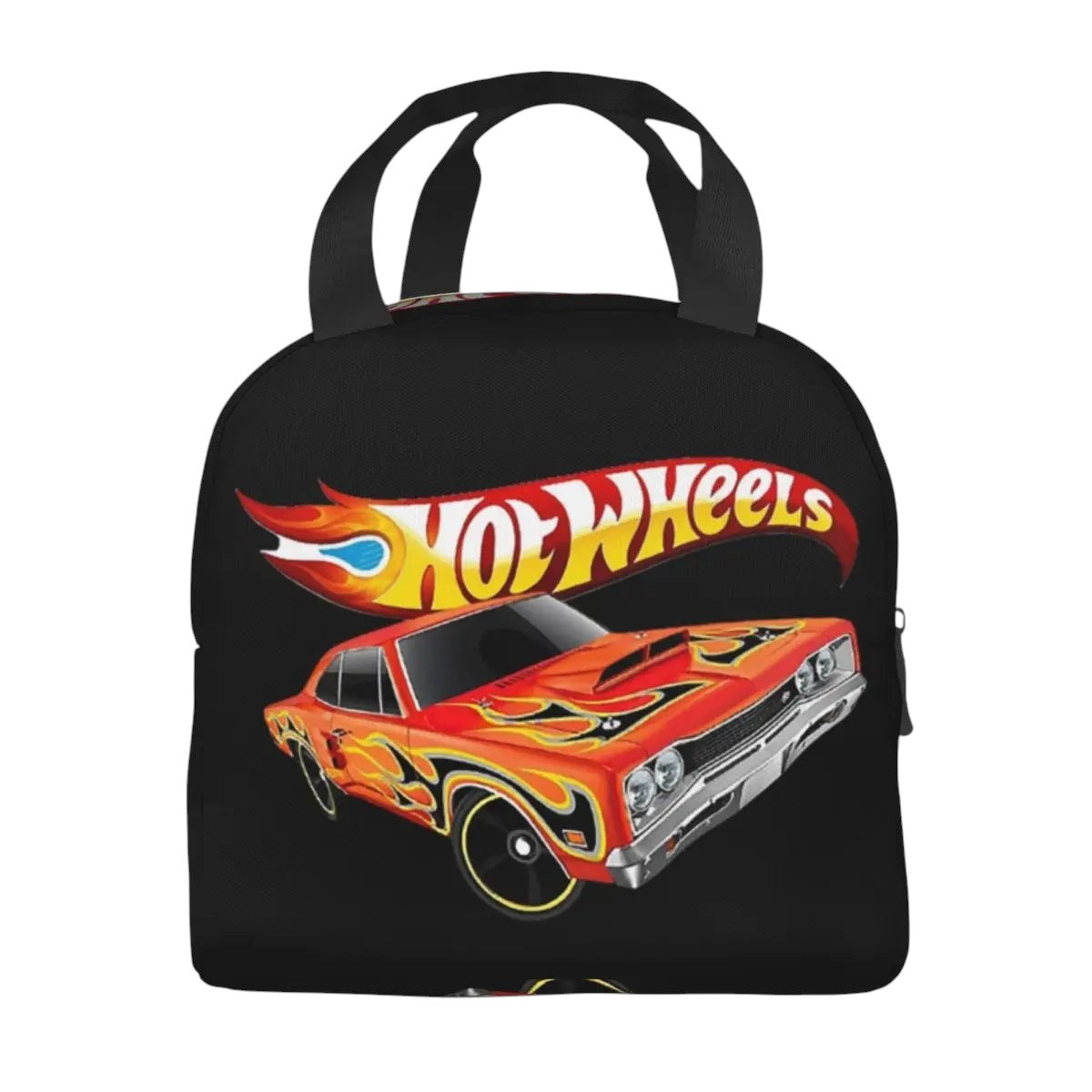 COMFORTHot Wheels insulated lunch bag with a red car graphic and flames. Black fabric with dual handles and zipper closure.