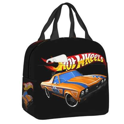 COMFORTHot Wheels insulated lunch bag with orange car graphic and flames on black background. Features dual handles and zippered closure.