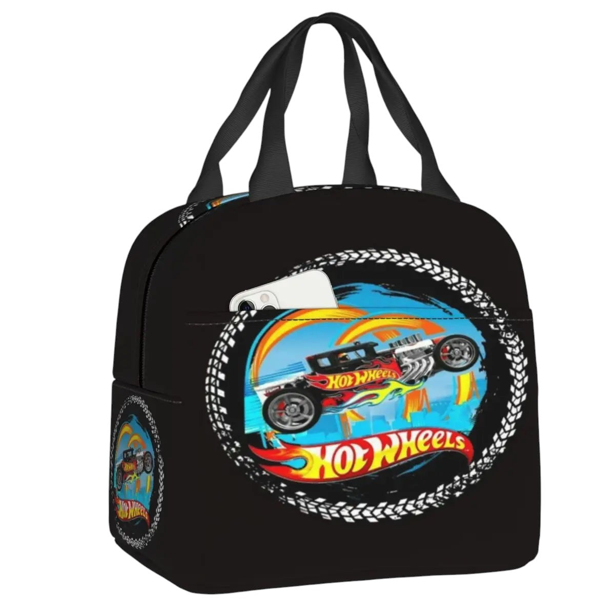 COMFORTHot Wheels insulated lunch bag with a graphic of a car on fire and the Hot Wheels logo.