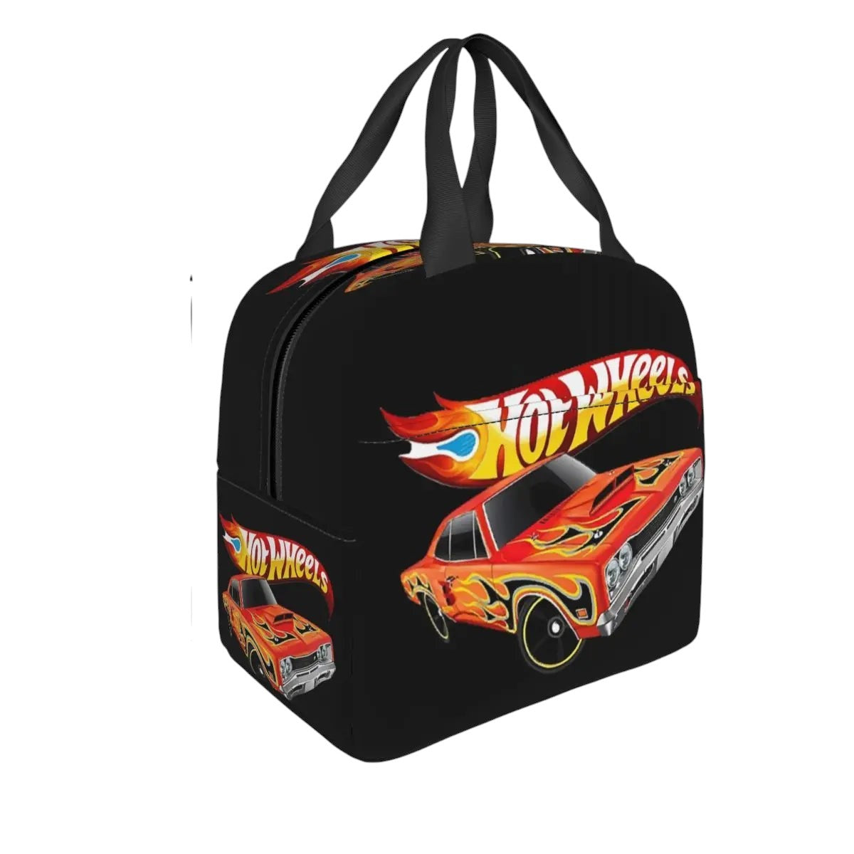 COMFORTHot Wheels insulated lunch bag with a graphic of a red car with flames and the Hot Wheels logo on a black background.