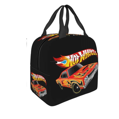 COMFORTHot Wheels insulated lunch bag with a graphic of a red car with flames and the Hot Wheels logo on a black background.