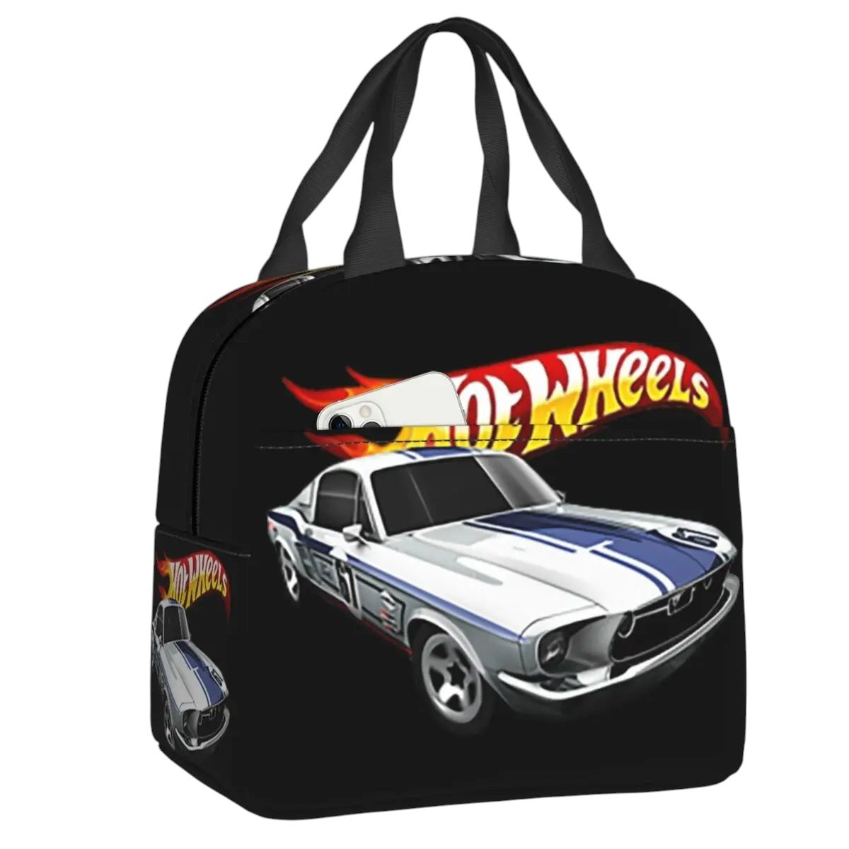COMFORTHot Wheels insulated lunch bag with a white and blue race car graphic and flames. Black background.