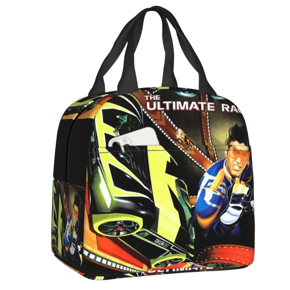 COMFORTHot Wheels insulated lunch bag with a graphic of a race car and driver. Features a front pocket.