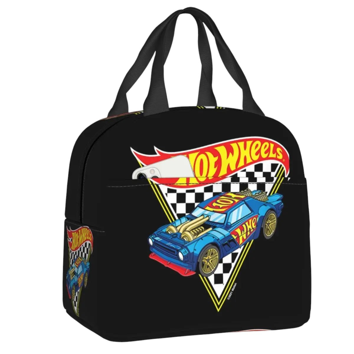 COMFORTHot Wheels insulated lunch bag with blue car graphic and flame logo on black background. Features checkered triangle.