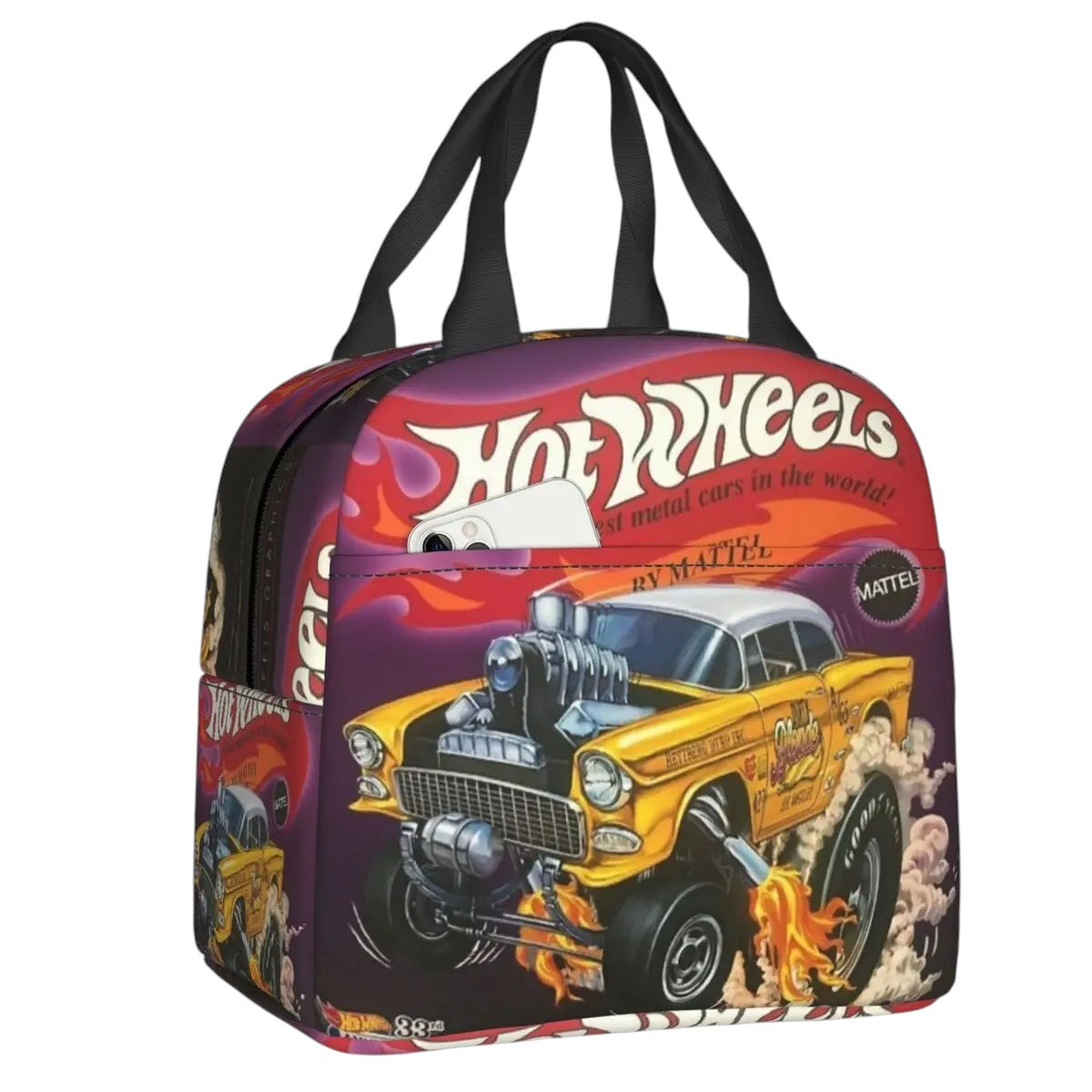 COMFORTHot Wheels insulated lunch bag with a yellow classic car graphic, flames, and the Hot Wheels logo.