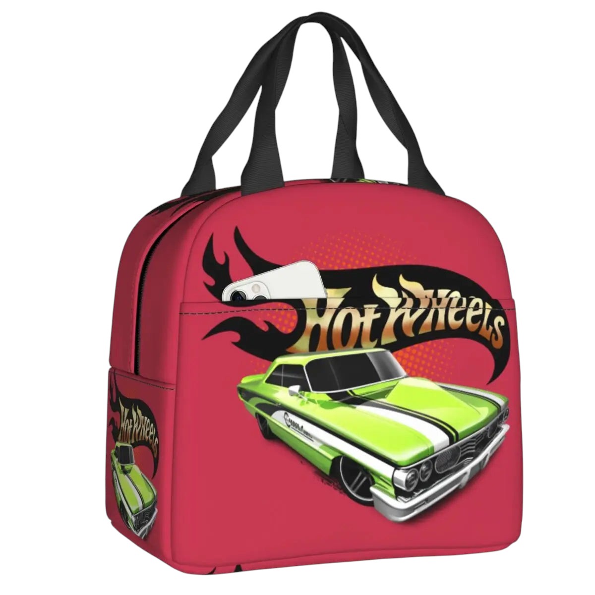 COMFORTHot Wheels insulated lunch bag with a green classic car graphic and flames. Features dual handles and zippered closure.