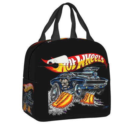 COMFORTHot Wheels insulated lunch bag with a blue muscle car graphic and flames. Features a front pocket.