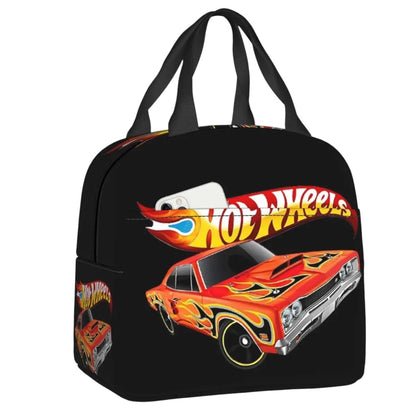 COMFORTHot Wheels insulated lunch bag with a red car graphic and flames. Features a zippered closure and sturdy handles.