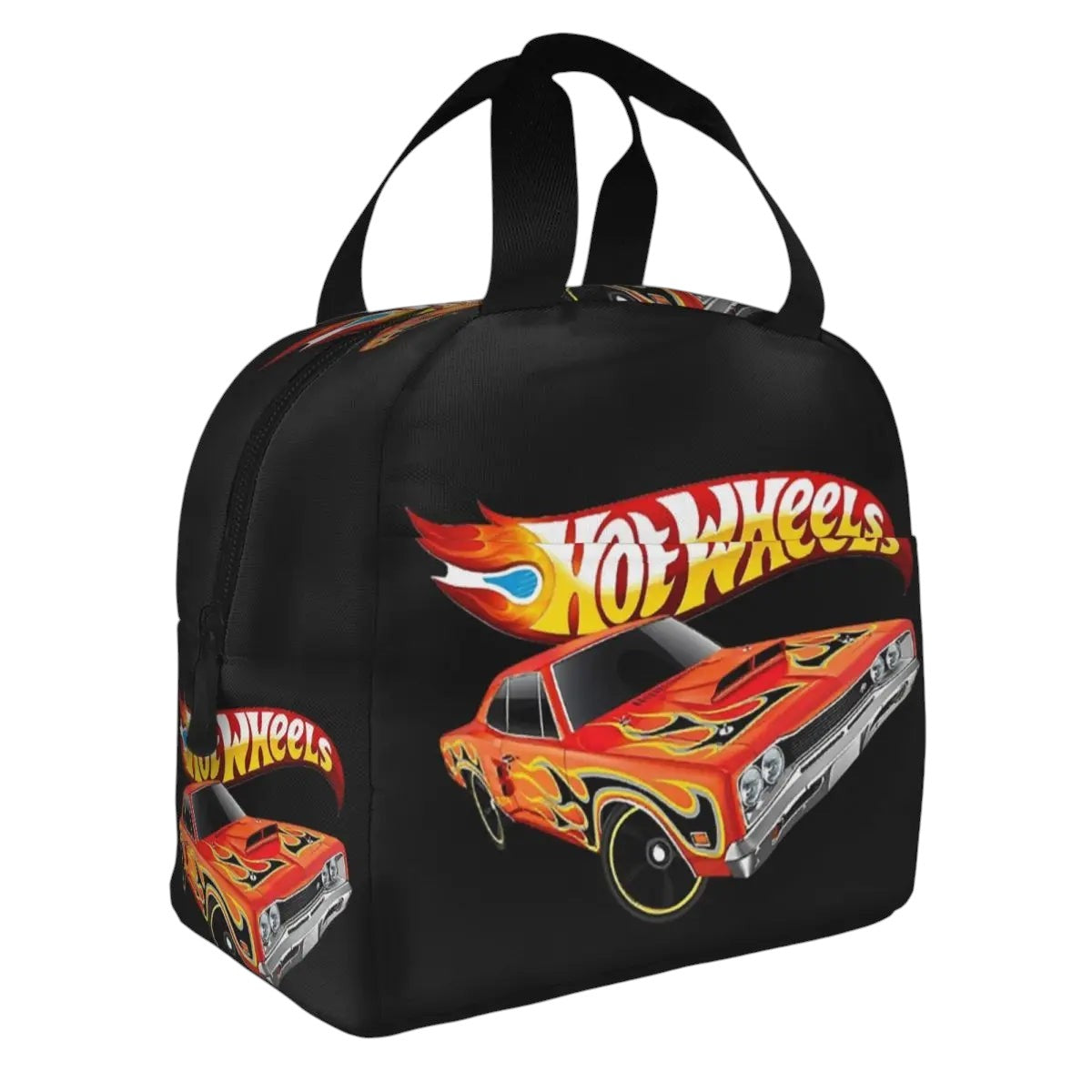 COMFORTHot Wheels insulated lunch bag with a graphic of a red car engulfed in flames and the Hot Wheels logo.