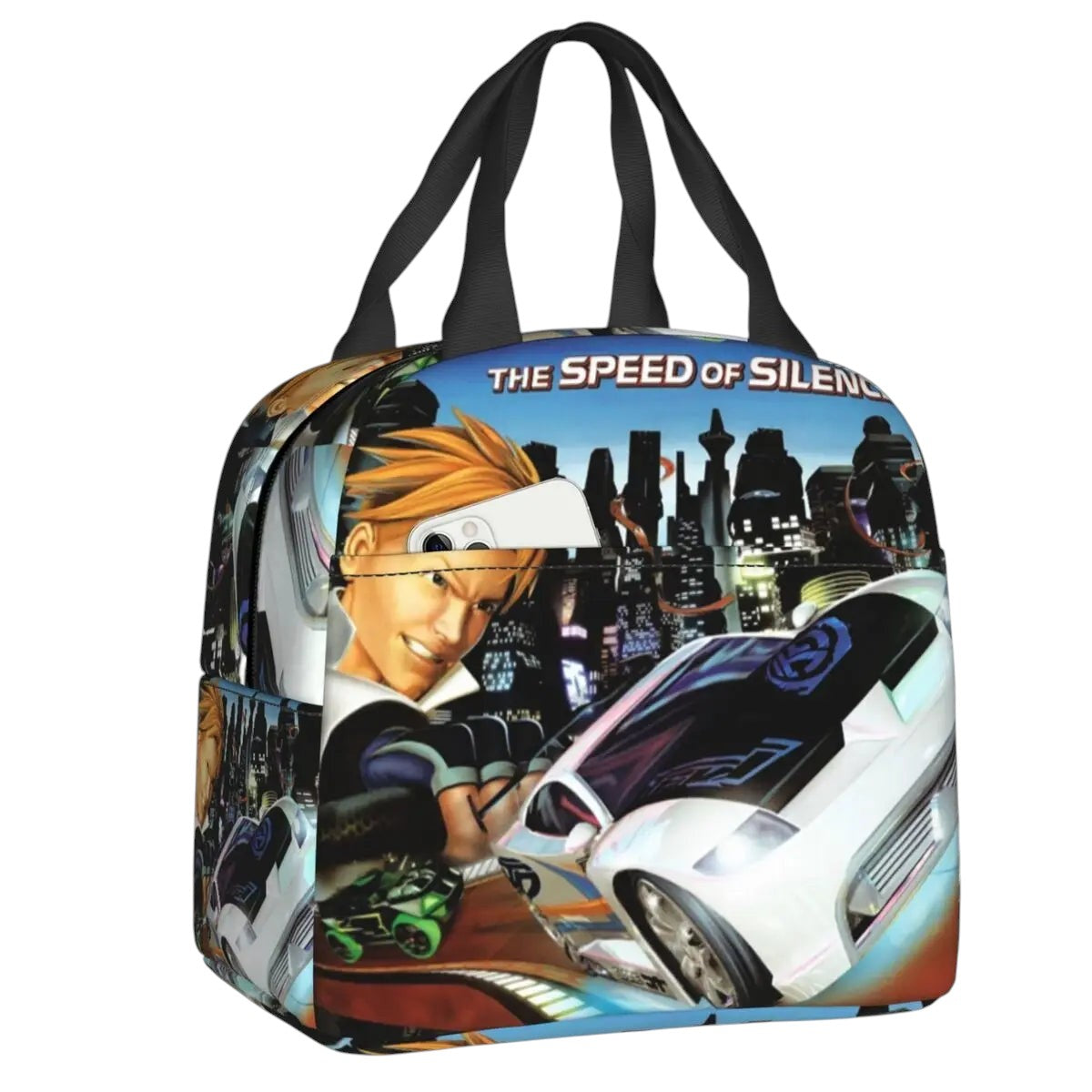 COMFORTHot Wheels insulated lunch bag with a graphic of a character and race cars, featuring "The Speed of Silence" text.