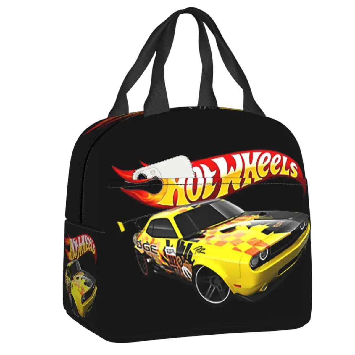 COMFORTHot Wheels insulated lunch bag with a yellow race car graphic and flame logo. Black background.