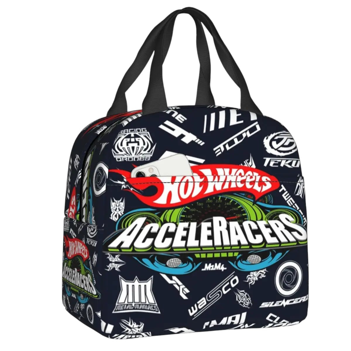 COMFORTHot Wheels insulated lunch bag with flame car graphic and "Acceleracers" text. Features multiple Hot Wheels logos and racing-themed graphics on a dark blue background.