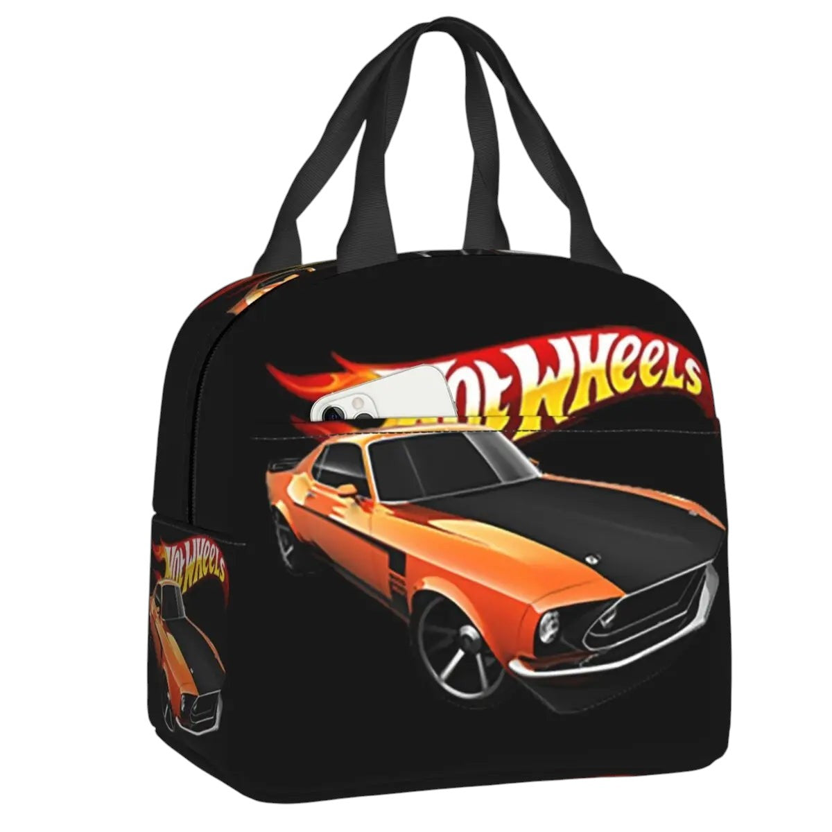 COMFORTHot Wheels insulated lunch bag with orange car graphic and flames. Features zippered closure and dual handles.