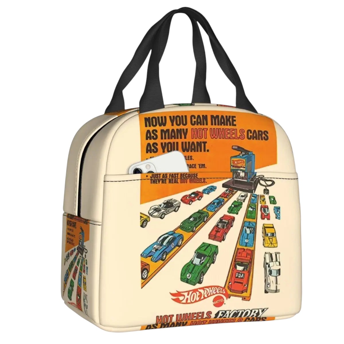 COMFORTHot Wheels insulated lunch bag with a graphic of a car factory and Hot Wheels cars. Features black handles and a zippered closure.