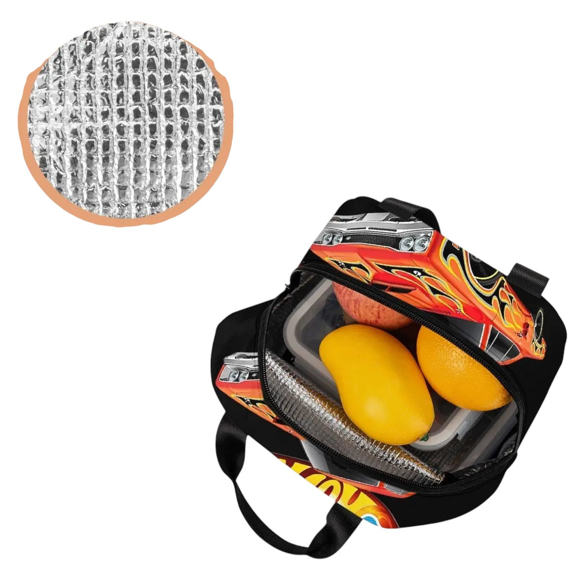 COMFORTHot Wheels insulated lunch bag with black background and red/orange flame graphic. Features a classic car design.