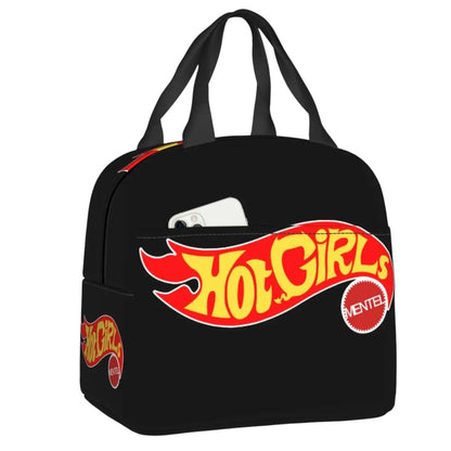 COMFORTHot Wheels insulated lunch bag with flame graphic and "Hot Girls" text. Black with red and yellow accents.