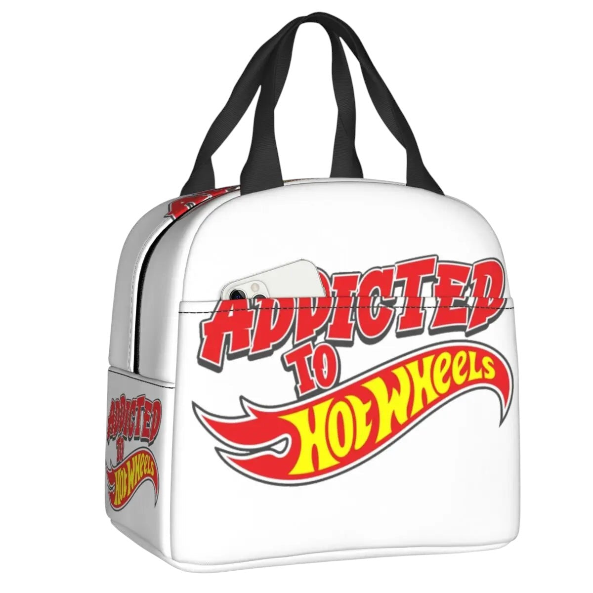 COMFORTHot Wheels insulated lunch bag with red and yellow "Addicted to Hot Wheels" graphic and black handles.