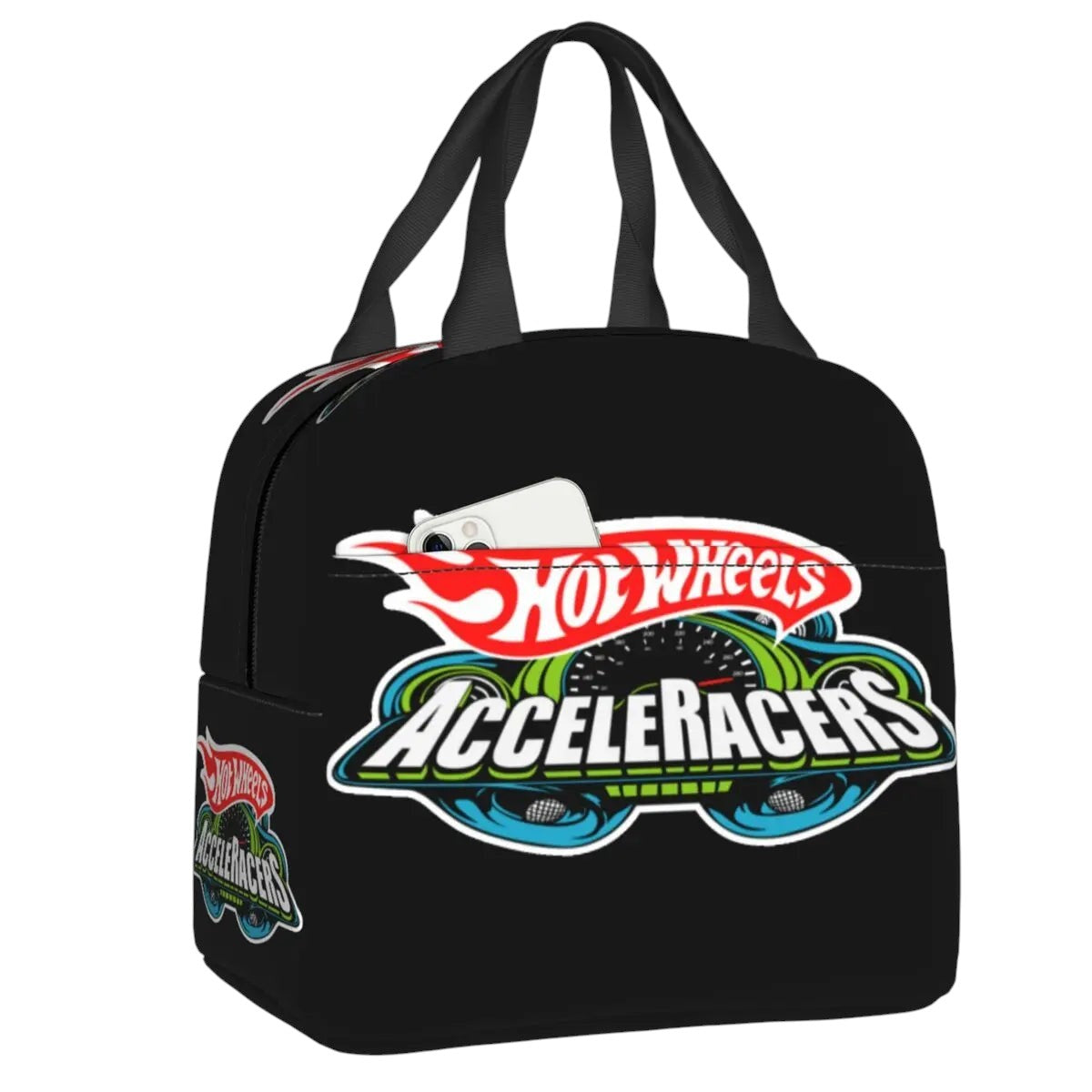 COMFORTHot Wheels Acceleracers insulated lunch bag with car graphic and flame details. Black.