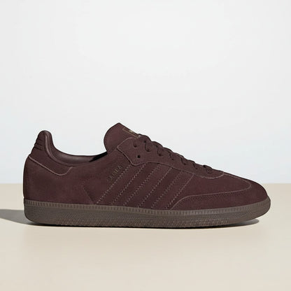 COMFORTS Adidas Samba OG burgundy suede casual sneakers with gum sole and signature three stripes.