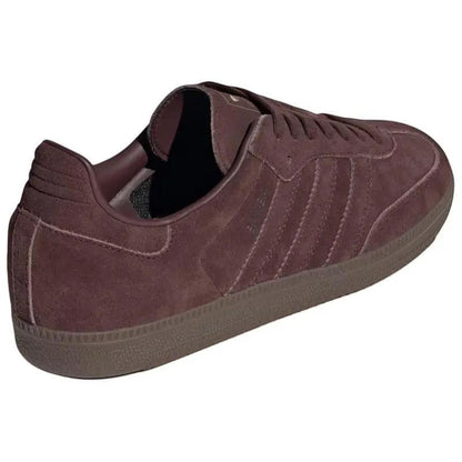 COMFORTS burgundy suede Adidas Samba OG casual sneakers with gum sole and signature three stripes.