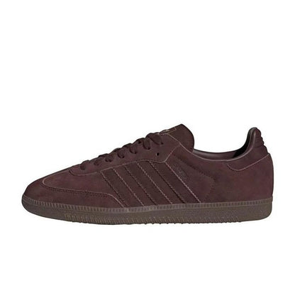 COMFORTS Adidas Samba OG Suede Casual Sneakers in burgundy with gum sole. Low-profile, timeless design.