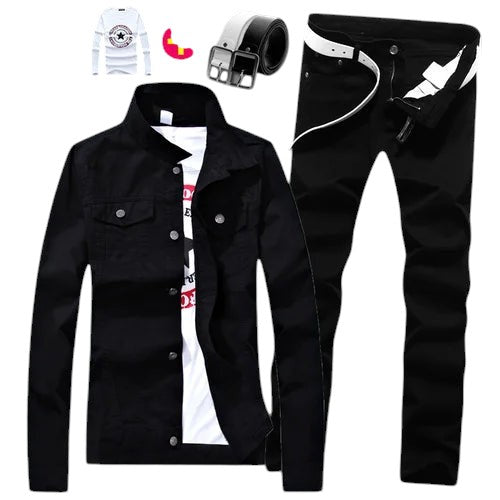 COMFORTS black denim jacket, pants, t-shirt, and belt set. Jacket has chest pockets and sleeve lettering.