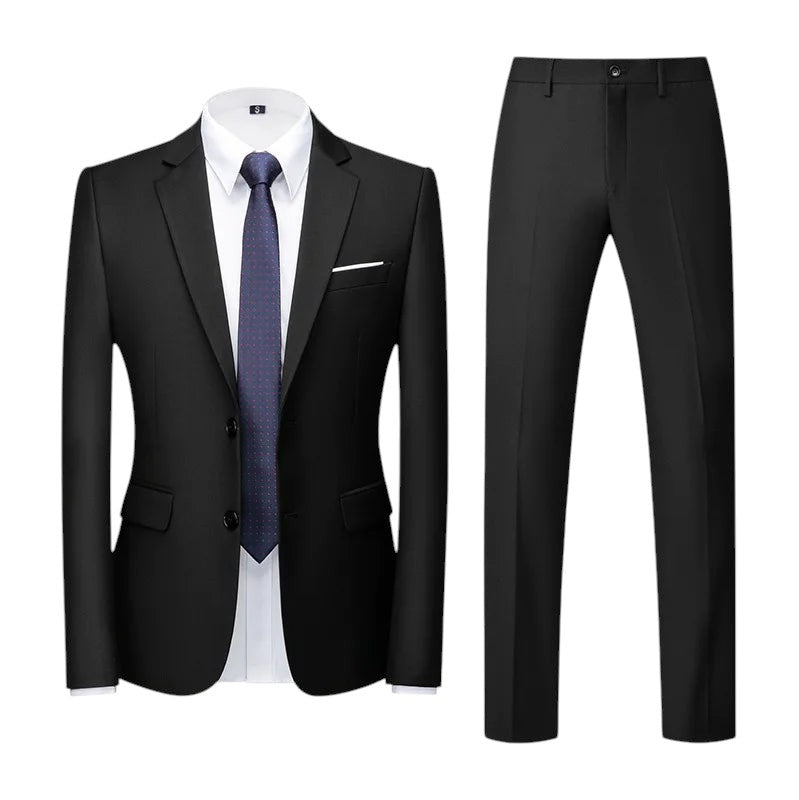 COMFORTS black polyester-viscose two-piece suit set with notch lapel jacket and flat-front trousers.