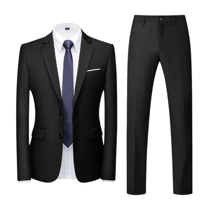 COMFORTS black polyester-viscose two-piece suit set with notch lapel jacket and flat-front trousers.