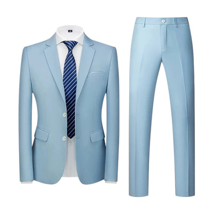 COMFORTS light blue polyester-viscose two-piece suit set with notch lapel jacket and flat front trousers.