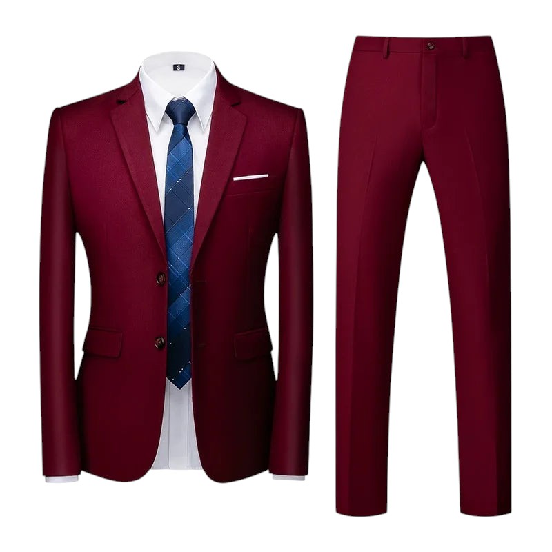 COMFORTS Men's two-piece burgundy suit set with notch lapel jacket and flat front trousers. Polyester-viscose blend.