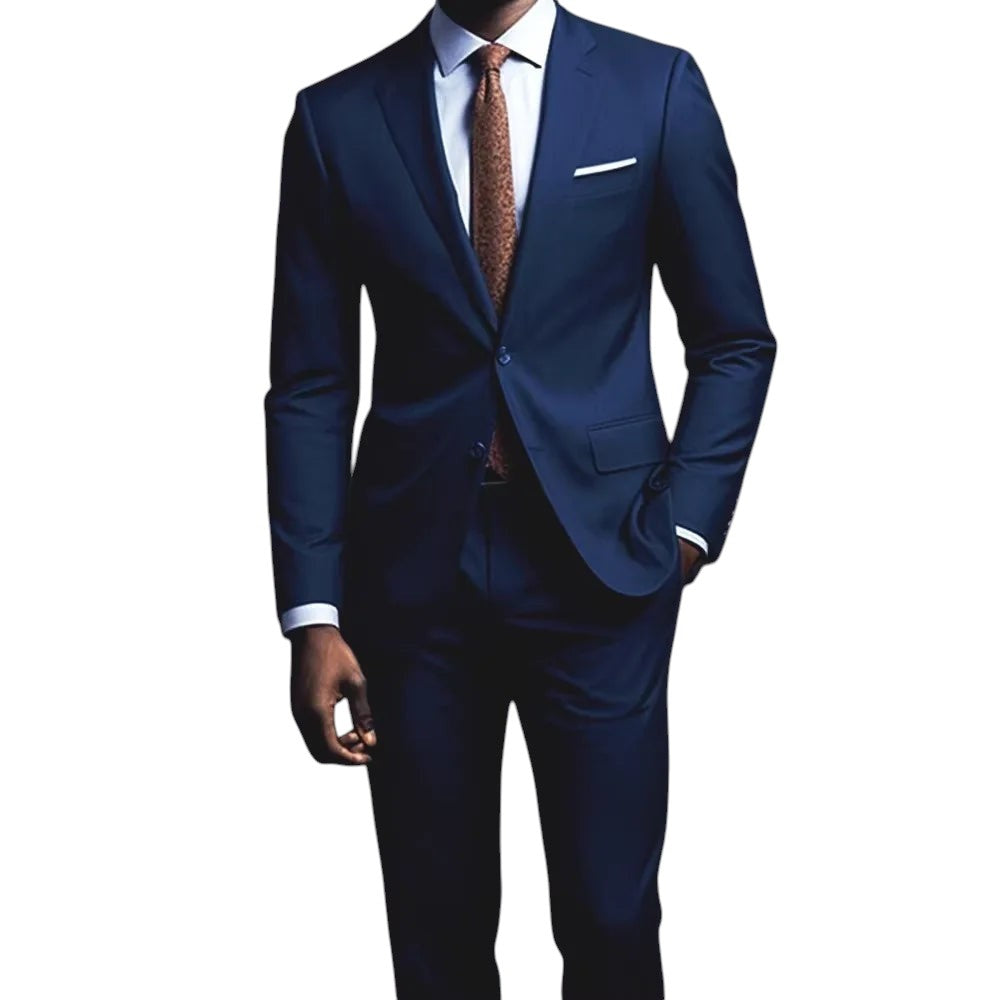 COMFORTS Men's Classic Fit Navy Blue Two-Piece Suit. Single-breasted jacket with notch lapels and two-button closure.