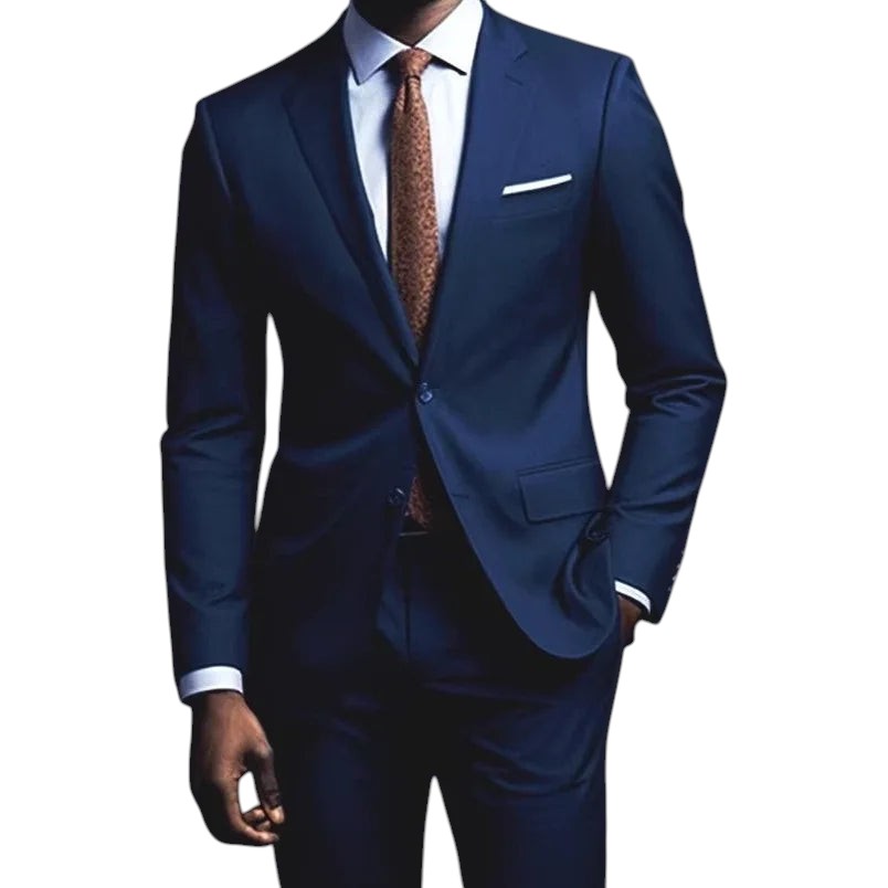 COMFORTS Men's Classic Fit Two-Piece Suit in navy blue, featuring a two-button jacket and flat-front trousers.