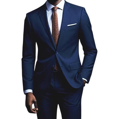 COMFORTS Men's Classic Fit Two-Piece Suit in navy blue, featuring a two-button jacket and flat-front trousers.