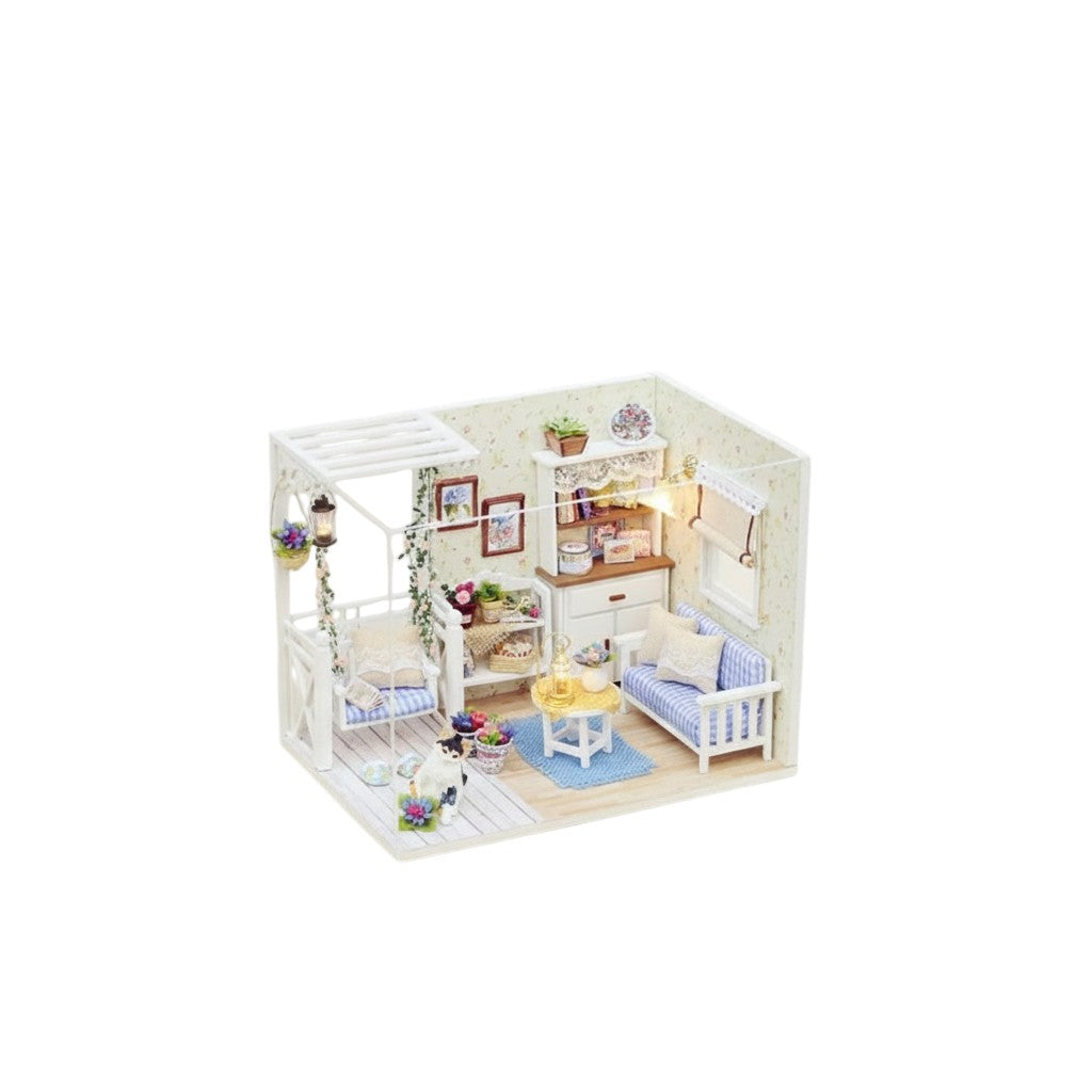 COMFORTS miniature dollhouse building kit with blue striped furniture, white accents, and floral wallpaper. Includes tiny cat.
