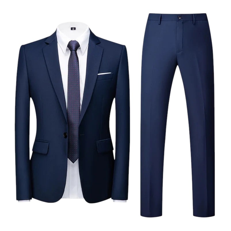 COMFORTS navy blue polyester-viscose two-piece suit set with notch lapel jacket and flat-front trousers.