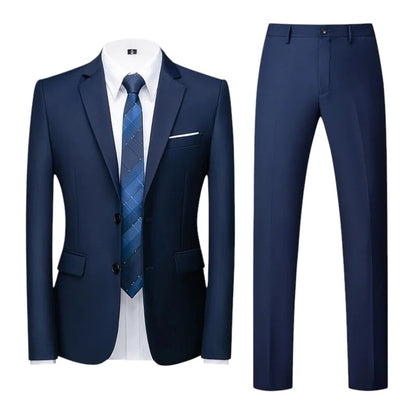 COMFORTS navy blue polyester-viscose two-piece suit set with notch lapel jacket and flat front trousers.