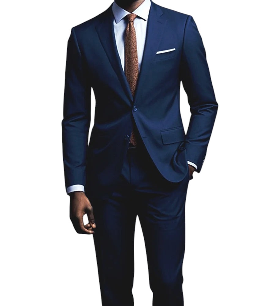 COMFORTS navy blue classic fit two-piece suit with notch lapels and flat front trousers.