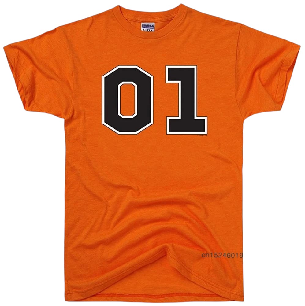 COMFORTS orange 100% cotton short sleeve t-shirt with black and white "01" graphic on chest. Crew neck.