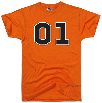COMFORTS orange 100% cotton short sleeve t-shirt with black and white "01" graphic on chest. Crew neck.