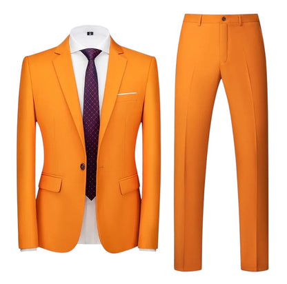 COMFORTS Men's two-piece orange suit set with notch lapel jacket and flat-front trousers. Polyester-viscose blend.