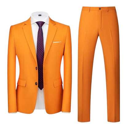 COMFORTS Men's orange two-piece suit set with notch lapel jacket and flat-front trousers. Polyester-viscose blend.
