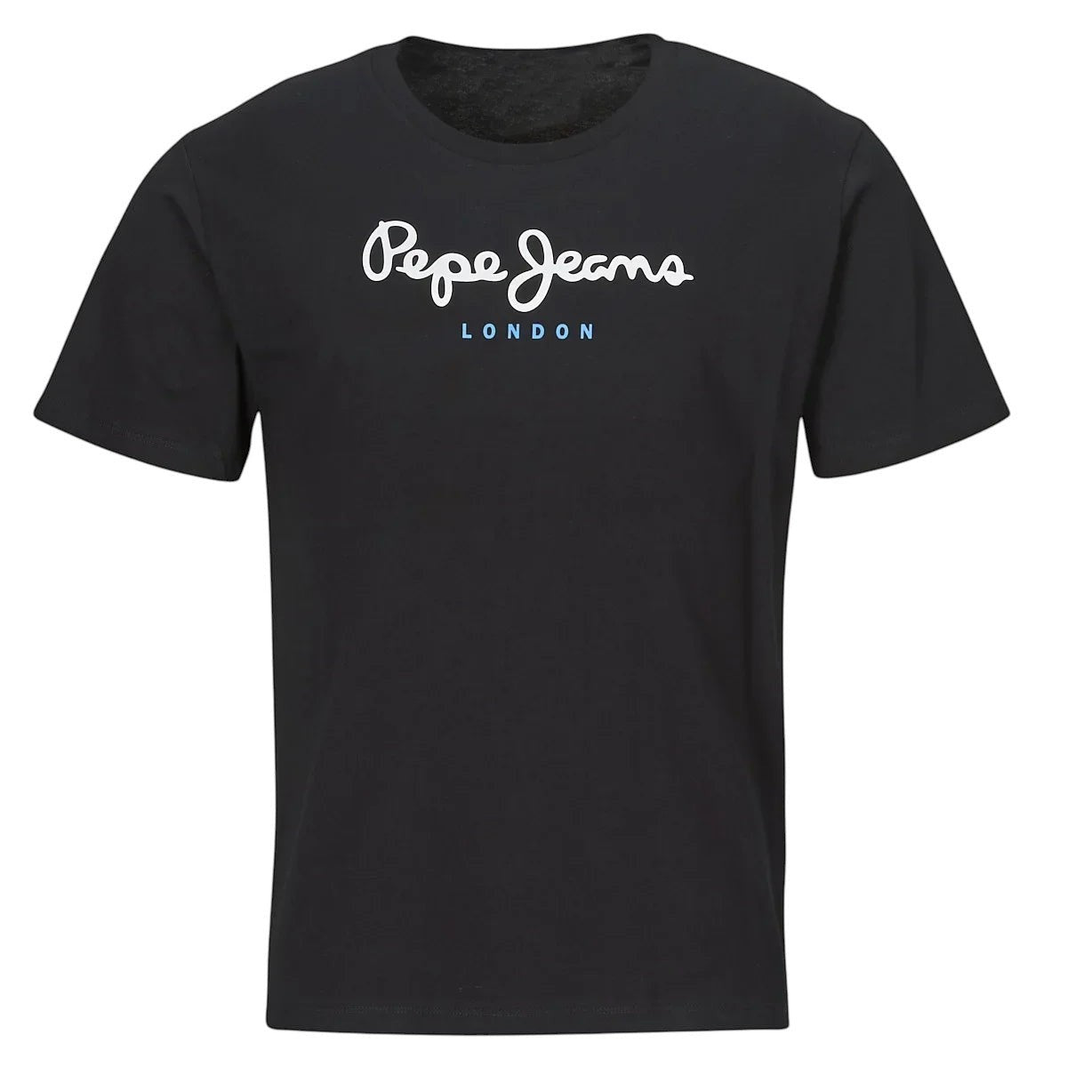 COMFORTS black cotton t-shirt with Pepe Jeans London logo graphic on chest. Short sleeves, crew neck.