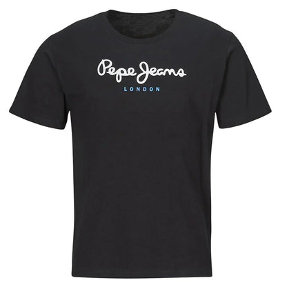 COMFORTS black cotton t-shirt with Pepe Jeans London logo graphic on chest. Short sleeves, crew neck.