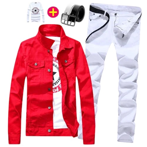COMFORTS red denim jacket and white pants set with belt and graphic t-shirt