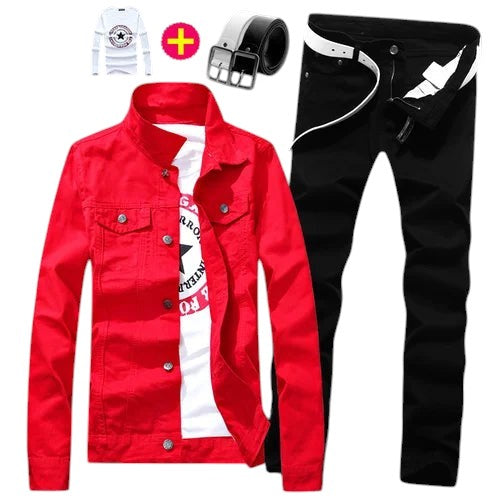 COMFORTS red denim jacket and black pants set with white t-shirt and belt. Features graphic print.