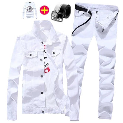 COMFORTS white denim jacket and pants set with belt and t-shirt. Features graphic lettering.
