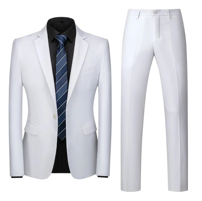 COMFORTS white two-piece suit set for men, featuring a notch lapel jacket and flat-front trousers. Polyester-viscose blend.